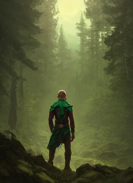 Image similar to elf man wearing dark green with a shield on his back standing at a forest looking for adventure in the mountains, tall trees, landscape is lush, moody sunset in background, greg rutkowski, alphonse mucha, trending on artstation, artgerm, unreal engine, breathtaking, award winning, highly detailed