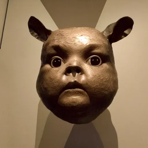 Prompt: taxidermized elder baby, in a museum, alone, sad face, symmetrical face, angular face, coherent,