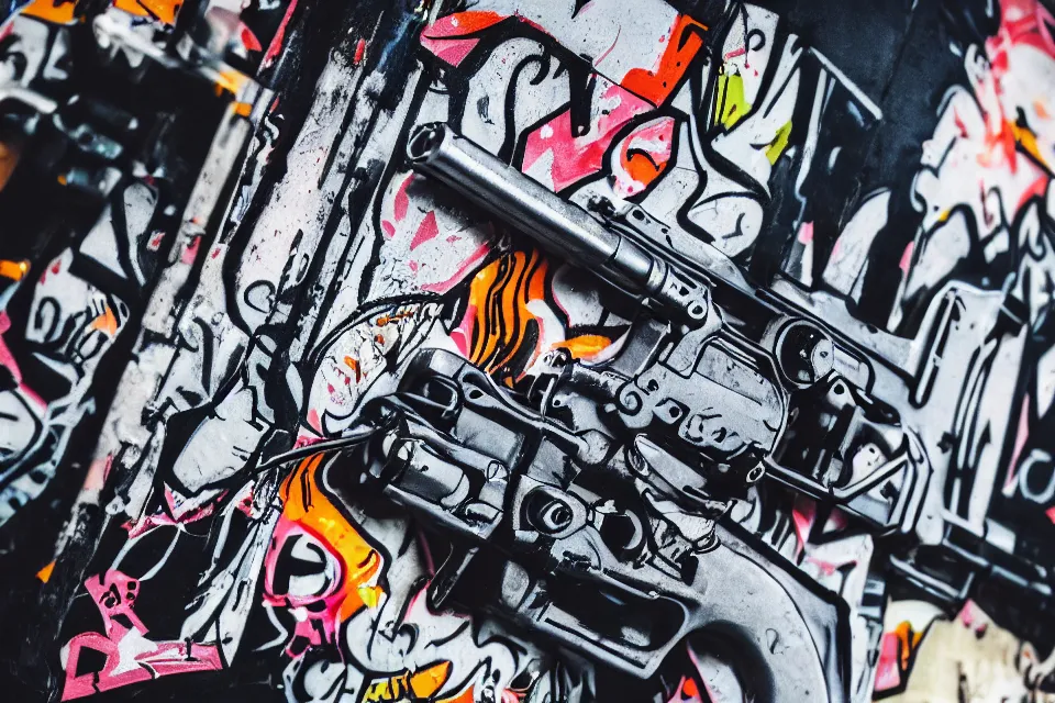 Image similar to cool style graffiti on a cyberpunk gun that says left