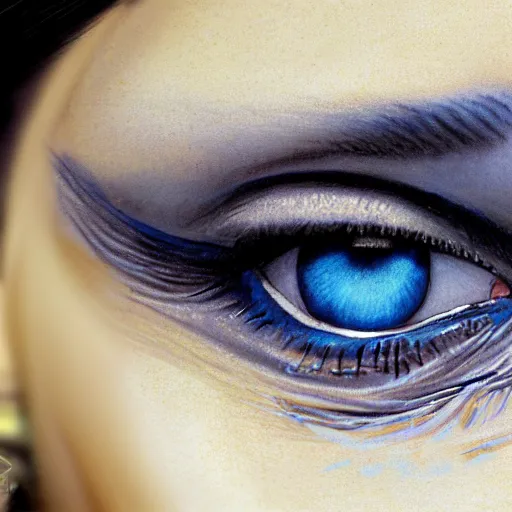 Image similar to closeup on the all blue colored eyes of a beautiful brown - skin woman, intricate, elegant, highly detailed, smooth, sharp focus, full body, detailed face, high contrast, art by ardian syaf,