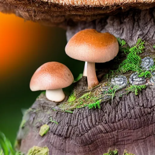 Image similar to macro photo with a mushroom character with cute eyes, very close to real nature, natural colors and natural surroundings, painted patterns and coloring on mushrooms, 8K, highly detailed