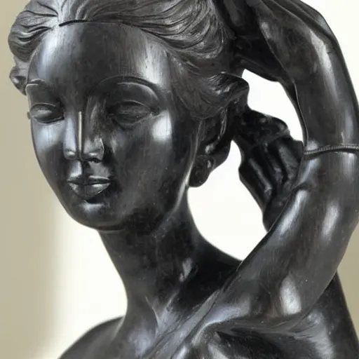 Prompt: a beautiful hand carved portrait of a pretty girl made of black marble, dynamic pose