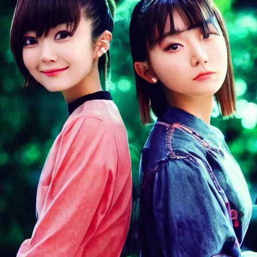 Image similar to 1990s, unbelievably beautiful, perfect, dynamic, epic, cinematic 8K HD movie shot of two semi-close-up japanese beautiful cute young J-Pop idols actresses girls, they express joy and posing together. By a Chinese movie director. Motion, VFX, Inspirational arthouse, high budget, hollywood style, at Behance, at Netflix, with Instagram filters, Photoshop, Adobe Lightroom, Adobe After Effects, taken with polaroid kodak portra