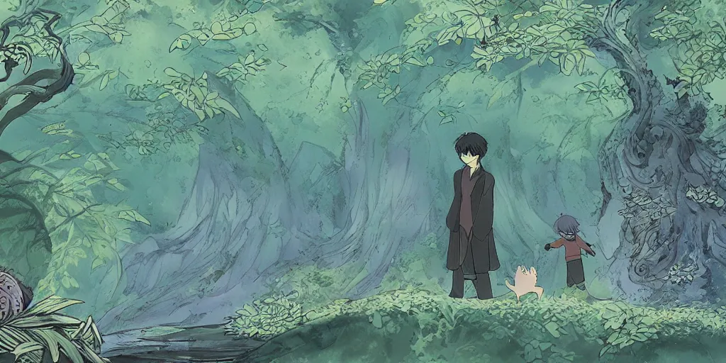 Prompt: jinko showing a new mushi, mushishi by studio ghibli walppaper splash art promo art