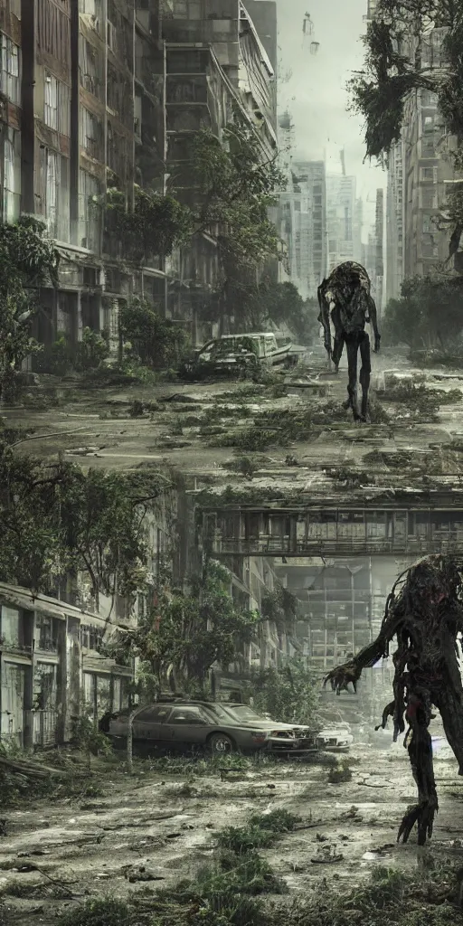 Prompt: an abandoned overgrown city, small amount of zombies lurking around, windows broken, big solo traveller walking in the middle, highly detailed, realistic, asymmetrical, octane render, cinematic, sharp focus
