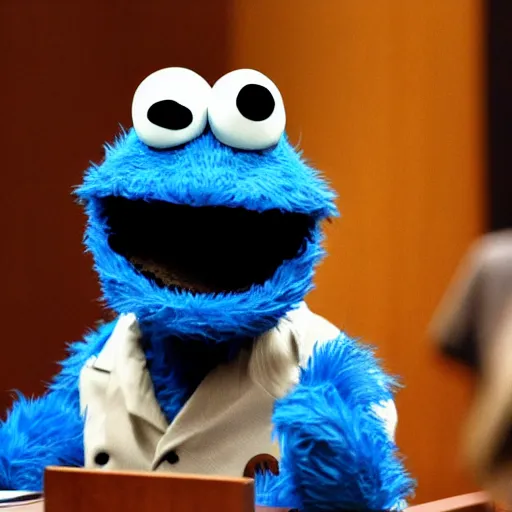 Prompt: Cookie Monster on trial at the Hague