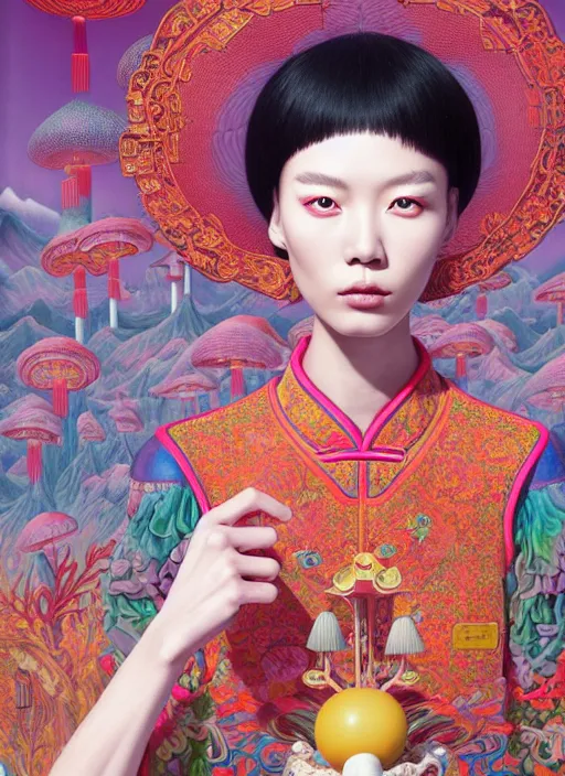 Image similar to pretty chinese model with hallucination mushroom : : by martine johanna and simon stalenhag and chie yoshii and casey weldon and wlop : : ornate, dynamic, particulate, rich colors, intricate, elegant, highly detailed, centered, vogue, harper's bazaar art, fashion magazine, smooth, sharp focus, octane render, 8 k