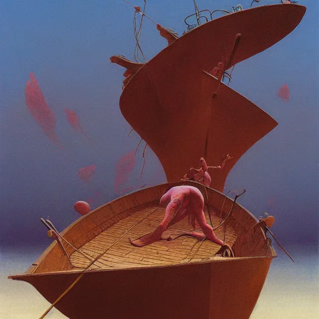 Prompt: A beautiful painting of In the same boat by Zdzisław Beksiński and Ilya Repin,In style of Abstract art.illustration,hyper detailed,smooth, sharp focus,trending on artstation,oil on the canvas,4k