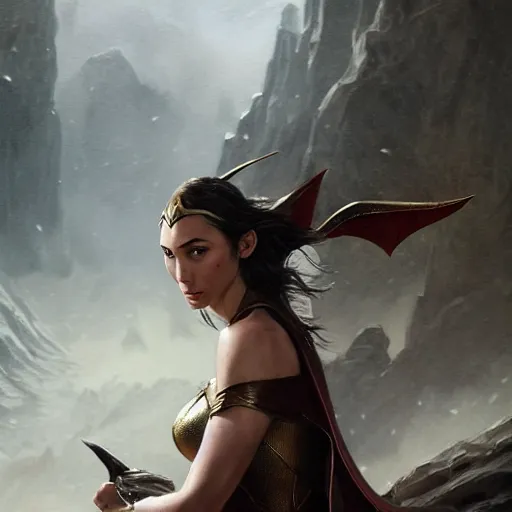 Prompt: gal gadot as an elf from lord of the rings, concept art by leonardo divinci and greg rutkowski, painting, 4 k 8 k trending on artstation, highly detailed, key splash art, octane render, beautiful lighting, rule of thirds, golden ratio,