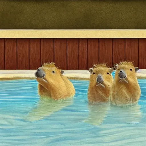 Prompt: pencil sketch of four capybaras in hot tub, realistic, shaded