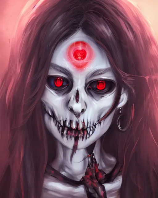 Image similar to A realistic anime portrait of a beautiful skeleton woman with glowing red eyes wearing clothes made of skulls, digital painting, by Stanley Artgerm Lau, Sakimichan, WLOP and Rossdraws, digtial painting, trending on ArtStation, SFW version