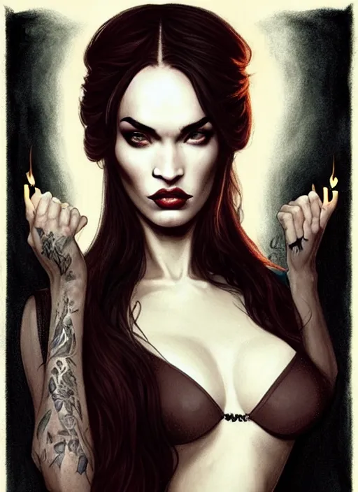 Image similar to megan fox witch queen, black eyes, blood, full body, intricate victorian dress, middle shot, cinematic lighting, symmetrical eyes, caravaggio, joshua middleton, rafael albuquerque, charlie bowater, moody lighting, candles