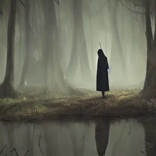 Prompt: the grim reaper in a swamp, 8 k, shallow depth of field, deviant art, greg rutkowski, moody lighting, ultra high detail, concept art,