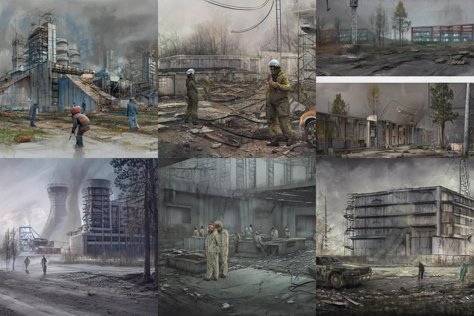 Prompt: liquidators in chernobyl, concept art by cam sykes, highly detailed, ultra detailed, ultra realistic, trending on artstation