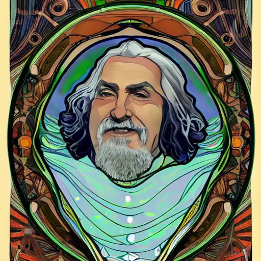 Image similar to billy connolly painted by salvadore dali in the style of the four seasons by alphonse mucha. cyberpunk dystopian portrait. high quality digital art render. 4 k