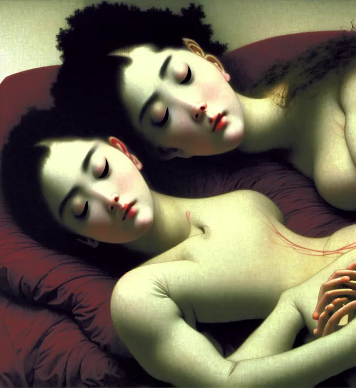 Image similar to ultra detailed artwork by Junji Ito of a professional 8k photo of a cyborg-robot-elph-girl sleeping in bed in the morning by William-Adolphe Bouguereau . still from a 2021 movie by Terrence Malick and Gaspar Noe