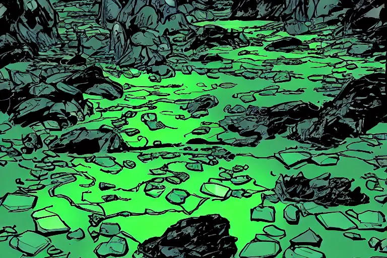 Image similar to glowing green rocks, toxic sludge, like where the hulk would live, landscape, comic book art style