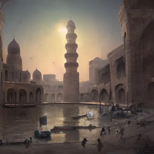 Image similar to ancient baghdad, matte painting by Felix Kelly, trending on ArtStation, lighting study