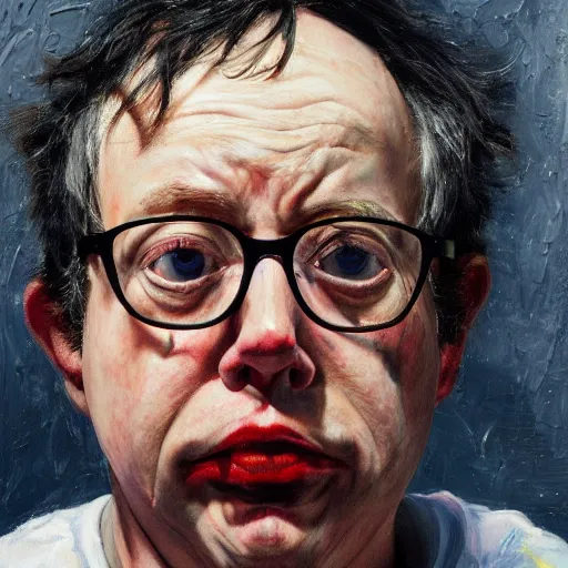 Image similar to high quality high detail painting of todd solondz portrait, sad, showing strong repulsion, pain, no fun ; full of sorrow, by lucian freud and francis bacon, hd, photorealistic lighting