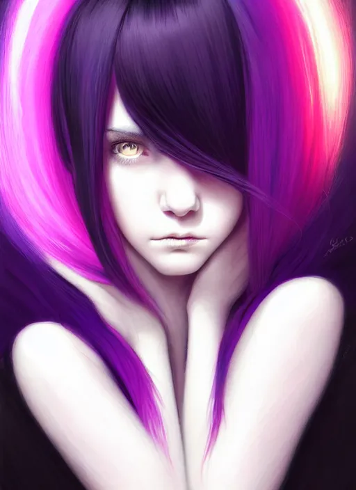 Image similar to hair blackbangs hair, white hair, blackbangs, portrait of teenage girl with white hair, red irises, purple clothes, black bangs, bangs are different color from hair, intricate, elegant, glowing lights, highly detailed, digital painting, artstation, concept art, smooth, sharp focus, illustration, art by wlop, mars ravelo and greg rutkowski