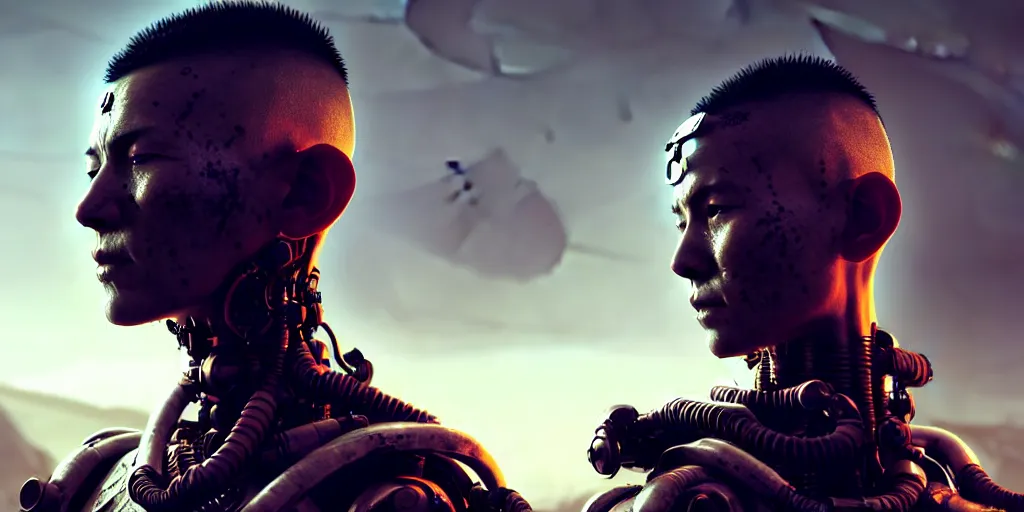 Image similar to meditating monk with mohawk and tattoo on face and cybernetic enhancements, scifi character portrait by greg rutkowski, craig mullins, cinematic lighting, dystopian scifi outfit, profile picture, mechanical, cyborg, half robot ultra realistic 8 k resolution, the backdrop of a post - apocalyptic landscape.