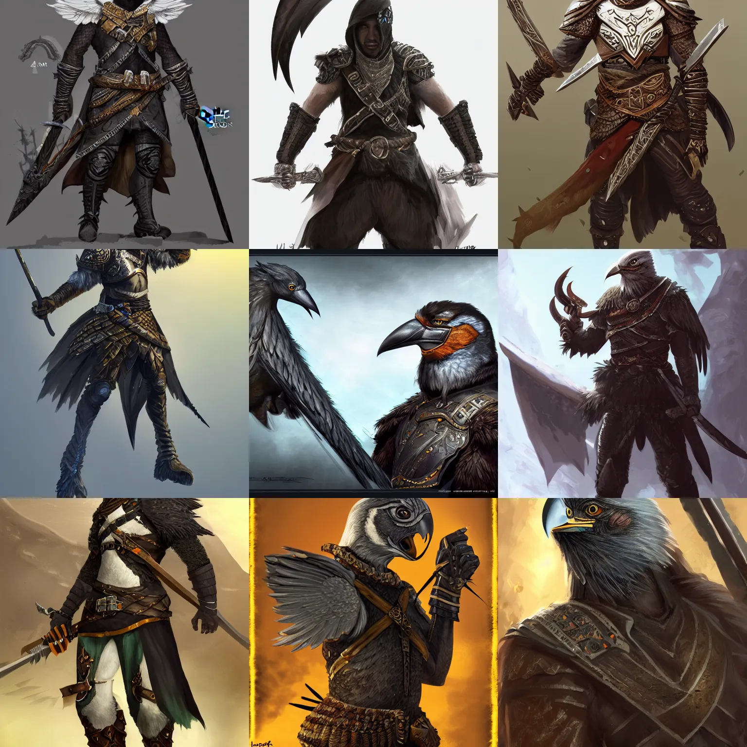 Prompt: Black Aarakocra Eagle Warlord, epic armor,wielding longsword, epic character portrait, dnd commission,epic rpg artwork,4K, 8K, very detailed, trending on artstation