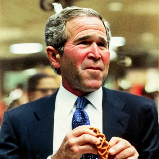 Image similar to George W. Bush holding a pretzel and contemplating mortality. CineStill.