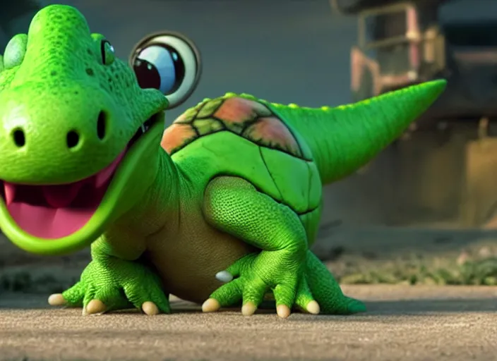 Image similar to film still of yoshi in the new sci - fi movie, cute upright dinosaur with a small turtle shell and long tongue, 8 k