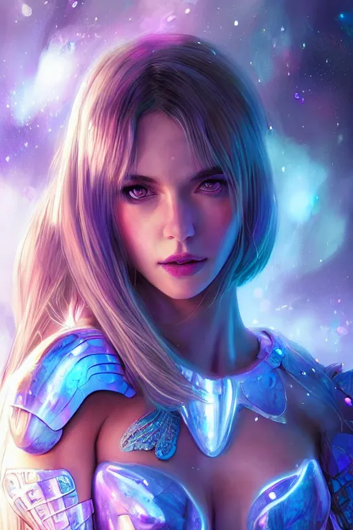 Image similar to a photographic portrait of an attractive young girl, partially clothed in ethereal armor, surrounded by colorful transparent plasma, emitting psychic powers, beautiful bone structure, perfectly proportioned face, perfect eyes, intricate, elegant, highly detailed, hyper detailed, trending on tumblr, by artgerm, by loish, fantasy scene, fantasy aesthetic, from Valerian and the City of a Thousand Planets, trending on Artstation