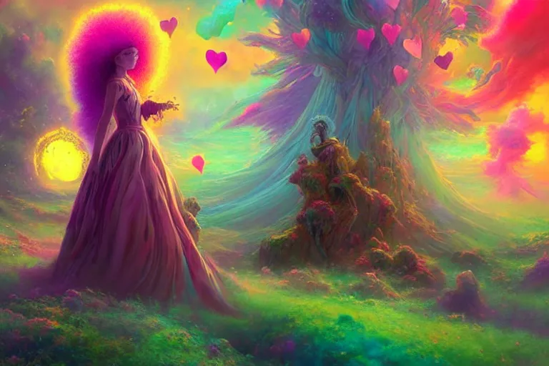 Prompt: a psychedelic realm made entirely out of love and acceptance | astral beings sharing love!!!! | in the style of greg rutkowski! | and wlop | and lisa frank! | and bob ross!!! | and ruan jia | illustration | epic | fantasy | hyper detailed | smooth | unreal engine | sharp focus | ray tracing