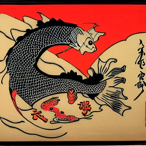 Image similar to koi fish, dragon, sunset, samorai, eating sushi, gensha, ukiyo - e