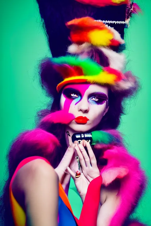 Prompt: realistic photoshooting for crazy fashion catwalk, couture, bright colors, vhs colour photography, fashion photography, vogue, 8 0 mm lens, 1. 2 aperture, cinematic light