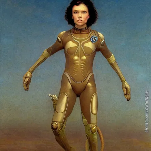 Prompt: masterpiece full body portrait of Ripley with a perfect body and transparent suit on Dune, by Edgar Maxence and Ross Tran and Michael Whelan and Gustav Klimpt