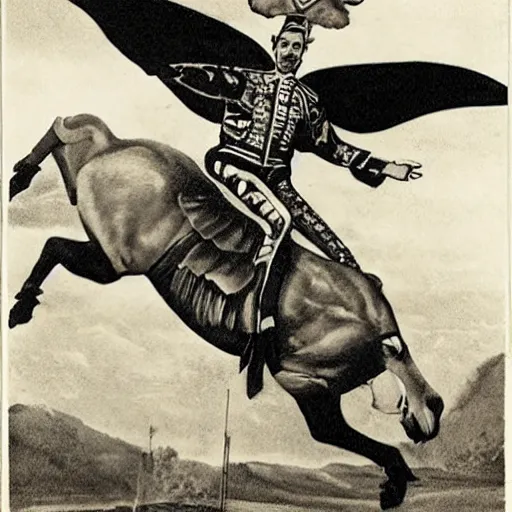 Image similar to francisco franco riding a griffin dressed as a bullfighter in the sky