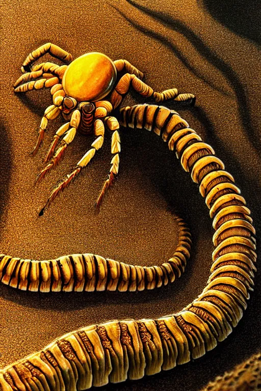 Image similar to hyperrealistic close - up sand worm scorpion monster highly detailed concept art eric zener elson peter cinematic hard yellow lighting high angle hd 8 k sharp shallow depth of field, inspired by david paul cronenberg and zdzisław beksinski