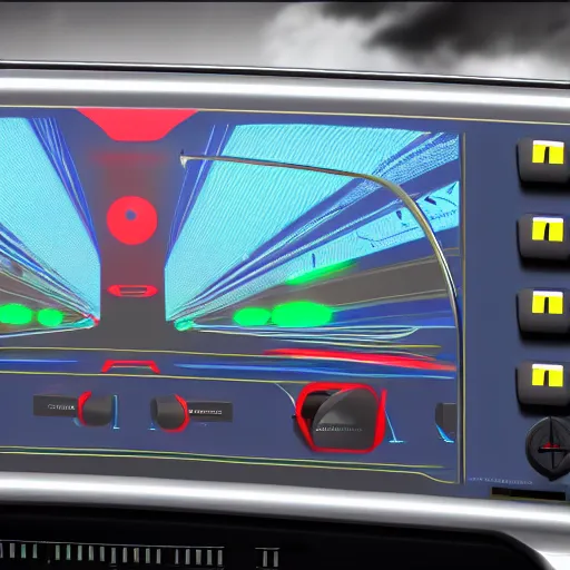 Image similar to photorealistic control panel in a car featuring ejection seats, weapons control, and hyperdrive, realistic, 8 k resolution, front view