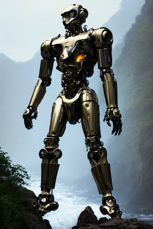 Image similar to detailed intricate digital illustration by greg rutkowski and artgerm and wlop and sanford robinson gifford ; sleek, chrome mech suit, standing with glimmering foggy waterfall in the background ; 1 3 mm film, arri alfa anamorphic lens ; sharp focus, golden hour lighting, mist ; trending on artstation 4 k ; close view