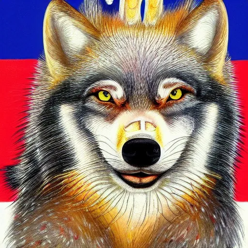Prompt: realistic portrait of retarded wolf, eyes in different directions, vivid colors, propaganda style, it looks sick, very ugly face, missing teeth