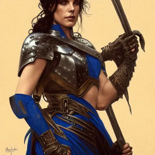 Image similar to Ashley Greene with dark blue hair as Joan of Arc wearing metal armor, western, D&D, fantasy, intricate, elegant, highly detailed, digital painting, artstation, concept art, matte, sharp focus, illustration, art by Artgerm and Greg Rutkowski and Alphonse Mucha