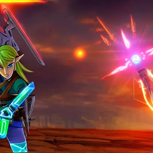 Prompt: Link from Legend of Zelda in a futuristic cybernetic uniform, wielding a neon glowing Master Sword as the Tron style city looms behind him