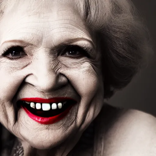 Image similar to symmetrical, close up face portrait of vampire betty white, evil grin, studio lighting, depth of field, photography, black and white, highly detailed