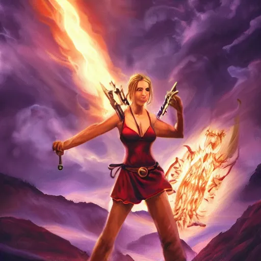 Image similar to a detailed picture of Buffy the Vampire slayer fighting God, 4k, in the style of Magic the Gathering