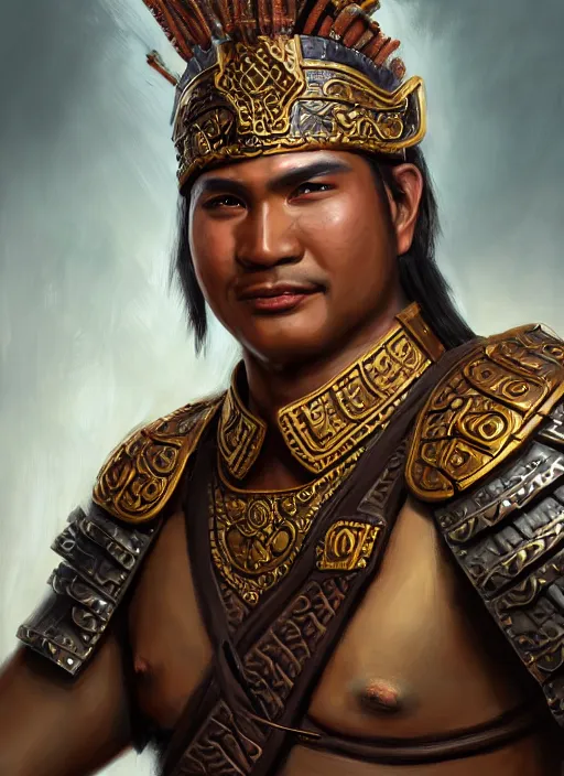 Image similar to smart tai warlord, ayothaya, closeup portrait, without beard and mustache, historical hero, ethnic group, tai costume, tai traditional bronze headdress, intricate, with leather armor cross on bare chest, elegant, loin cloth, highly detailed, oil painting, artstation, concept art, matte, sharp focus, illustration, hearthstone, art by earl norem