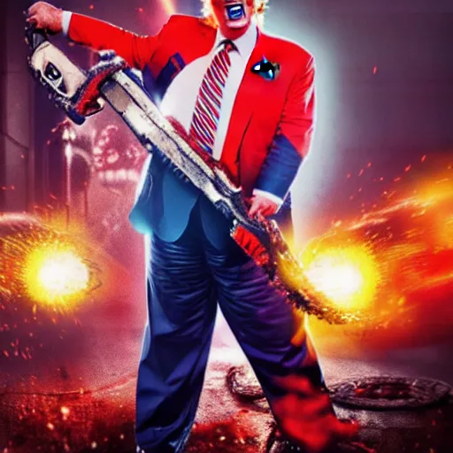 Image similar to portrait of donald trump as a clown, laughing and holding a chainsaw in gears of war, splash art, movie still, cinematic lighting, ray tracing, octane render, long lens, shallow depth of field, bokeh, anamorphic lens flare, 8 k, hyper detailed, 3 5 mm film grain