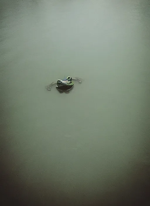 Image similar to “semitranslucent smiling frog amphibian vertically hovering over misty lake waters, frog in Jesus Christ pose, low angle, long cinematic shot by Andrei Tarkovsky, paranormal, eerie, mystical”