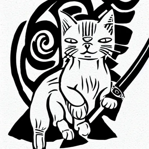 Image similar to tattoo design, stencil, a cat jumping in the air with a sword