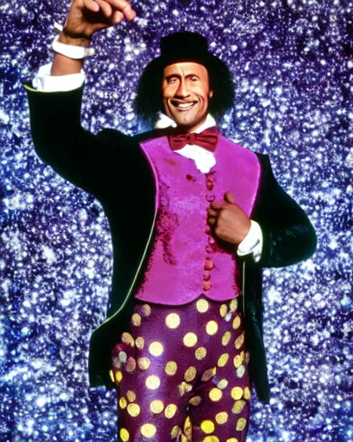 Image similar to Film still close-up shot of Dwayne Johnson as Willy Wonka from the movie Willy Wonka & The Chocolate Factory. Photographic, photography