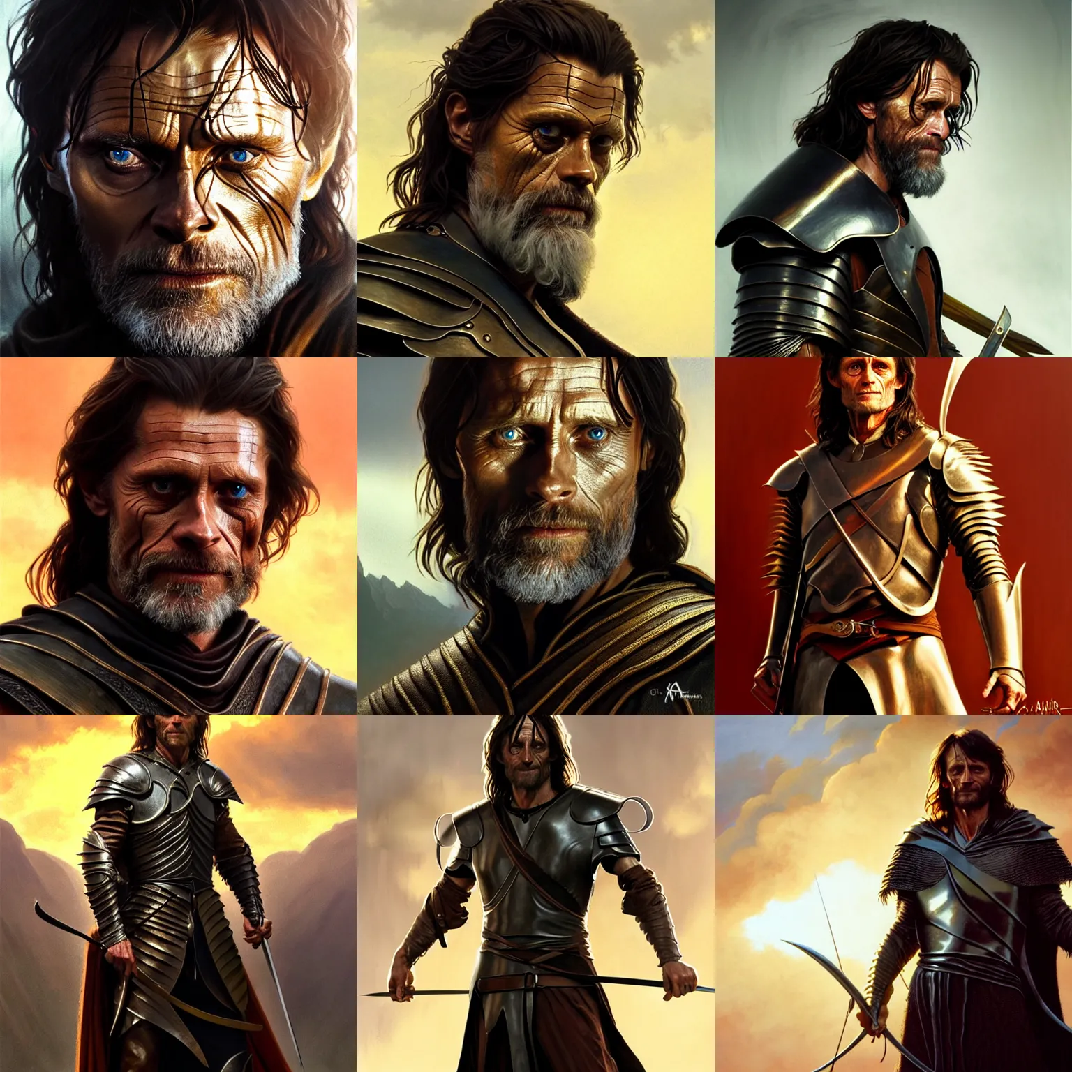 Prompt: Willem Dafoe as Aragorn, leather armor, assassin, golden hour, concept art, detailed clothing, art station, oil painting, art by artgerm and greg rutkowski and alphonse mucha