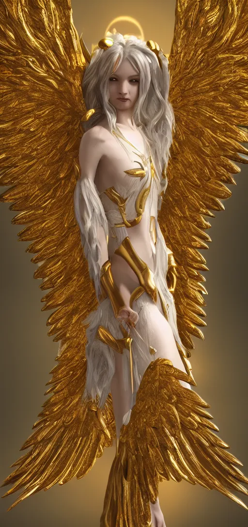 Prompt: beautiful angel, golden white wings, fantasy style, octane render, 8k, highly detailed, trending on artstation, magical background