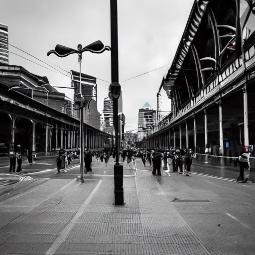 Image similar to a dystopian version of Flinders Street Melbourne Australia, robots in the street.